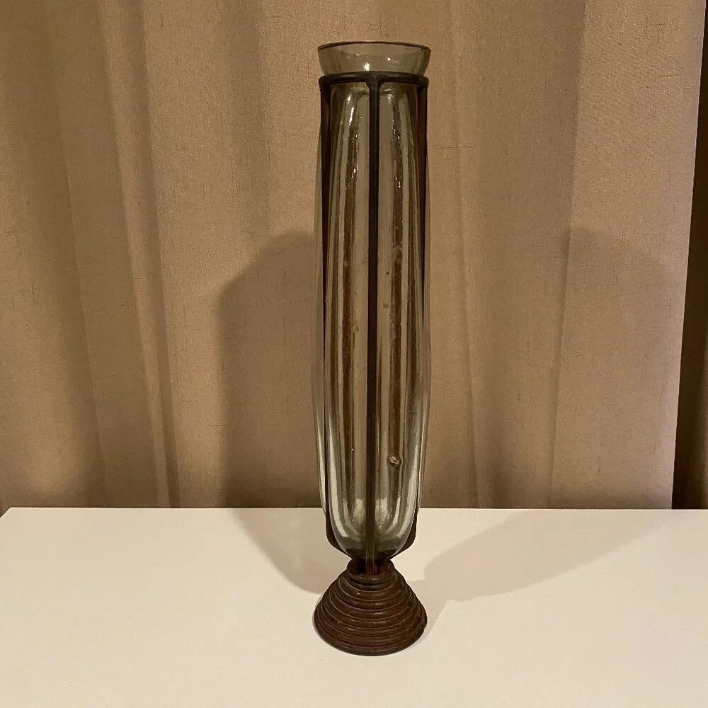 Rare Vintage Blown Glass Vase‎ in Wrought Iron Frame 17” Mid-Century Brutalist